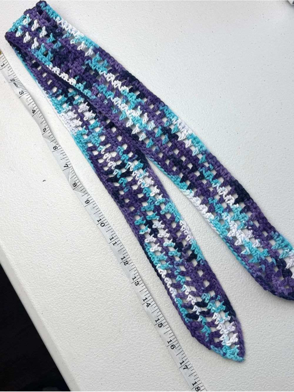 Teal Purple White Crochet Tie Headband 36”x2.25” Handmade Breathable NEW
